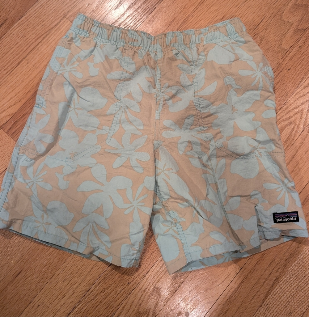Patagonia Tan and Light Blue Leaf Print Shorts- Boys Size M